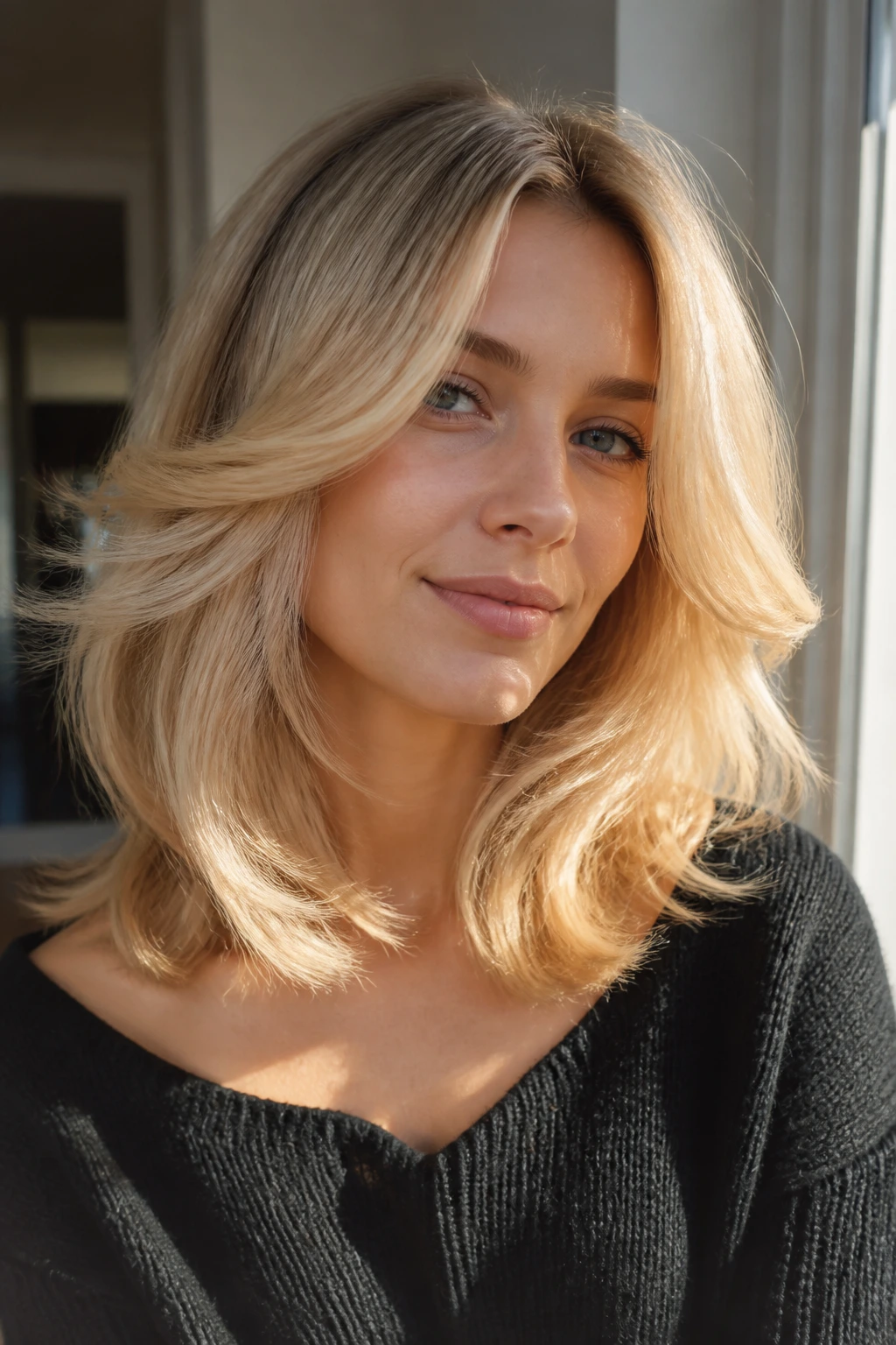 Close-up portrait of a woman with butter blonde midi swoopy layers