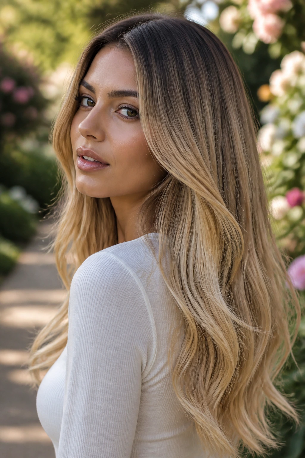 Close-up portrait of a real woman with butter blonde ombré showing seamless gradient