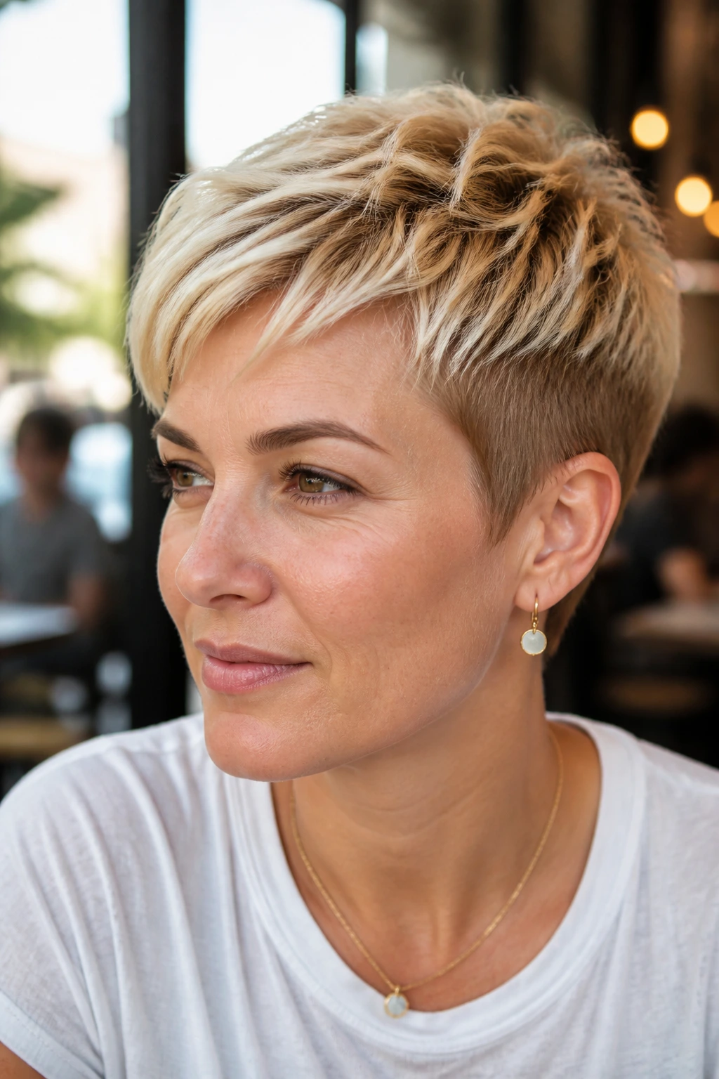 Close-up of real woman with butter blonde pixie and warm blonde tones