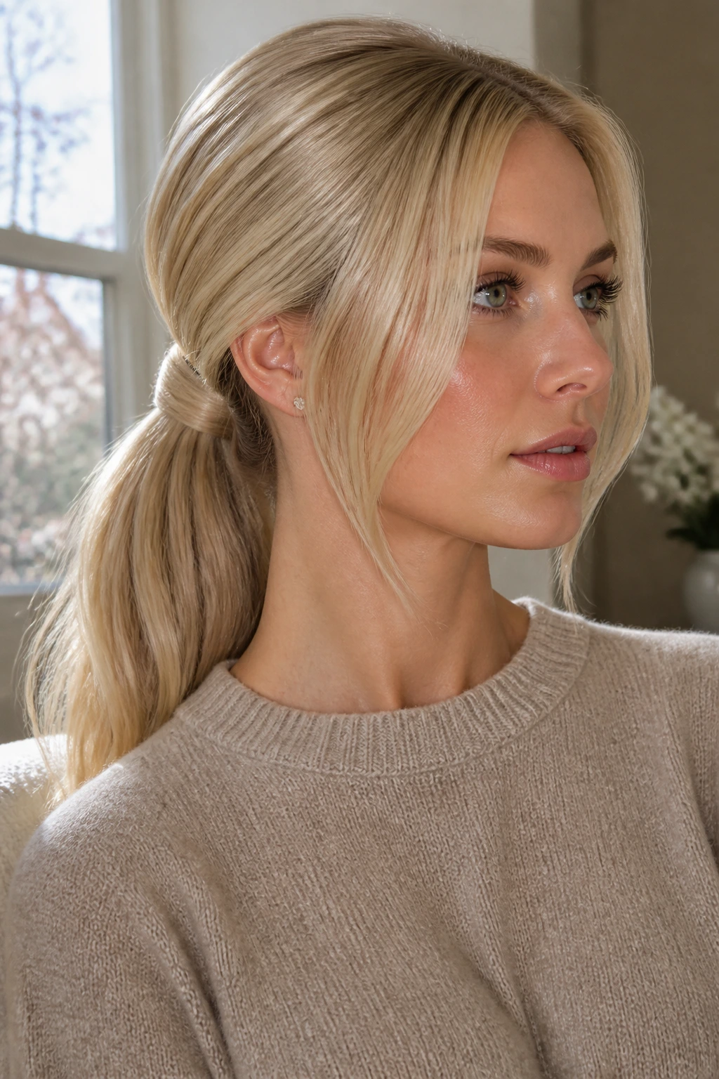 Close-up portrait of a real woman with a glossy butter-blonde ponytail in warm winter light