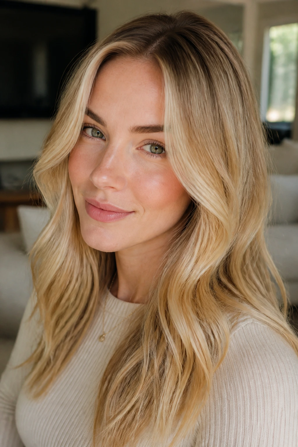 Portrait of a woman with butter blonde and root shadow.