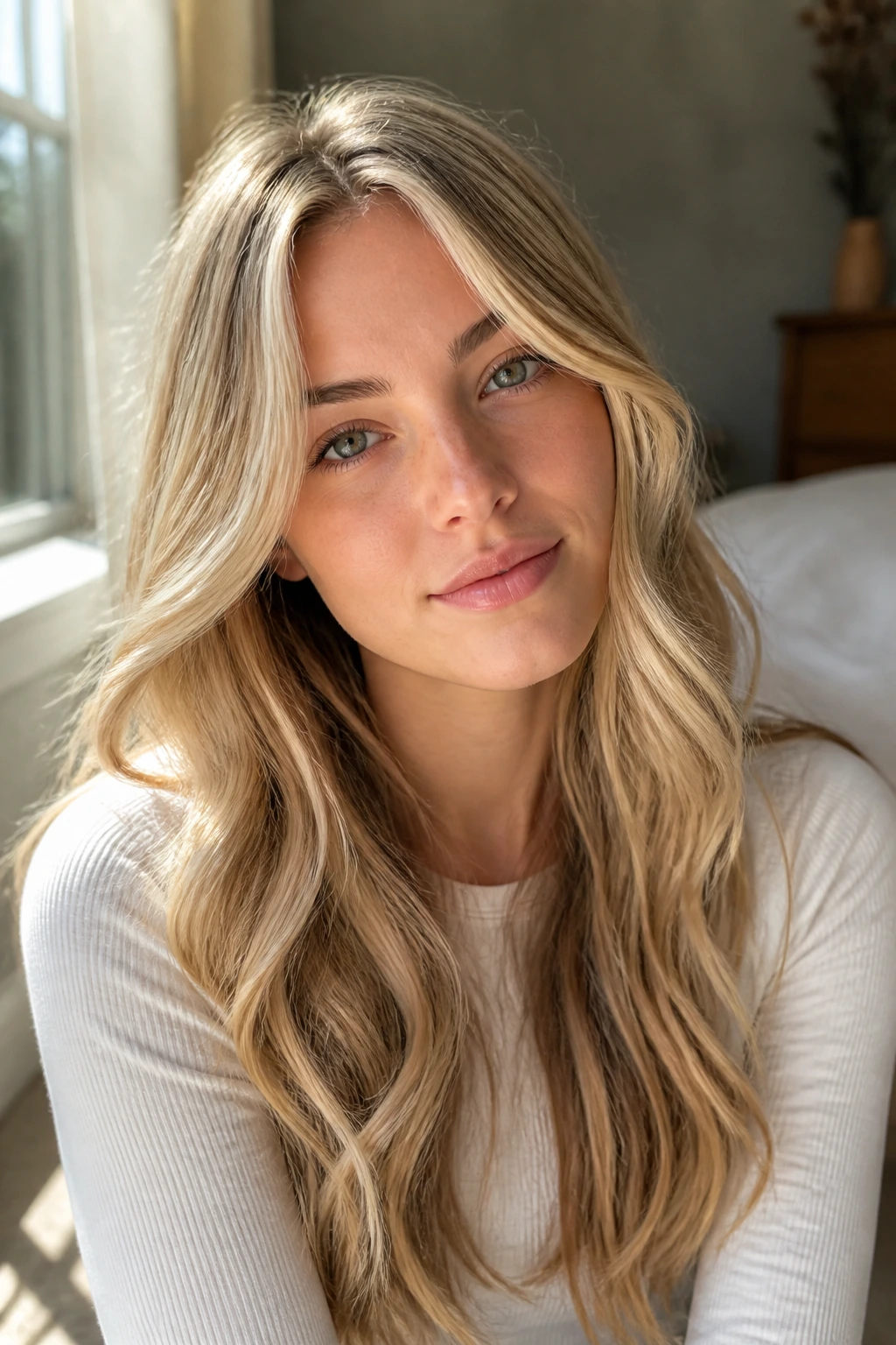 Close-up portrait of a real woman with butter blonde hair and sandy lowlights by a sunlit window