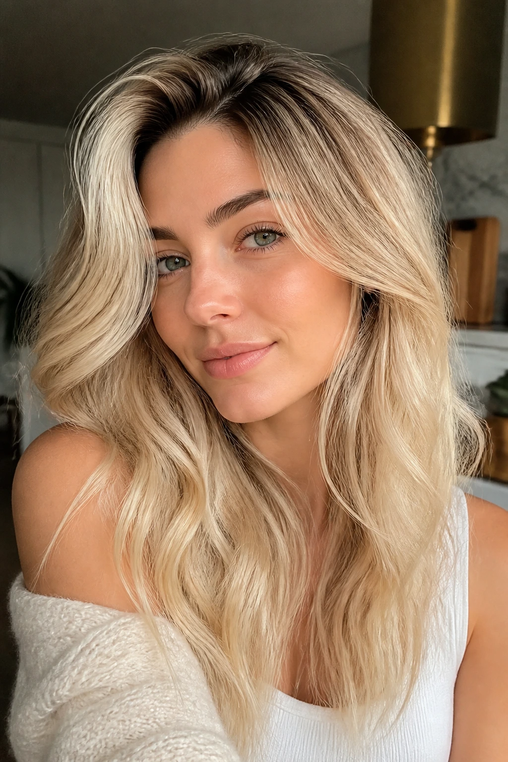 Close-up of a real woman with butter blonde hair and shadow roots near the scalp