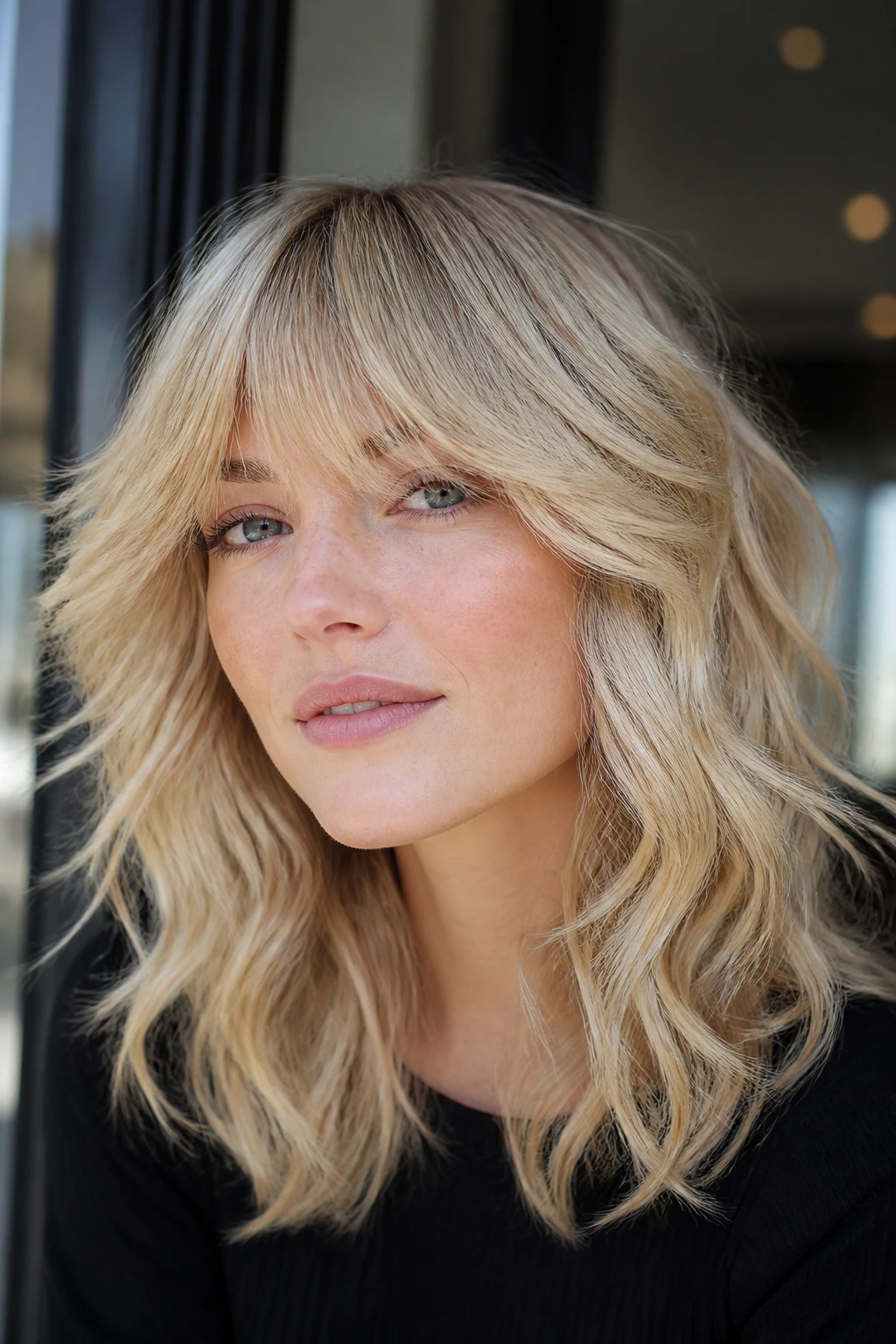 Portrait of a woman with butter blonde shag and feathered bangs.