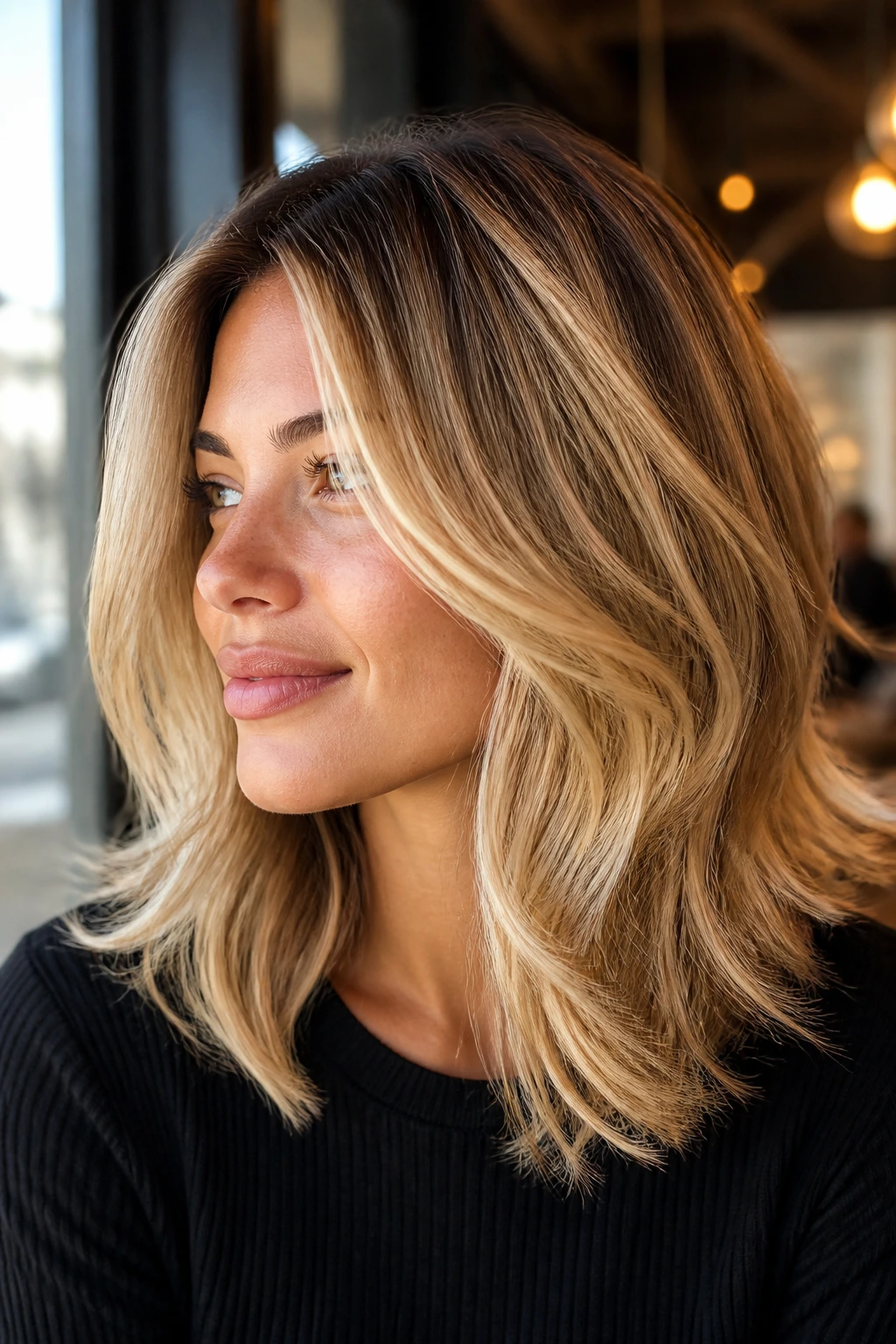 Portrait of a real woman with butter blonde shoulder-length layered hair