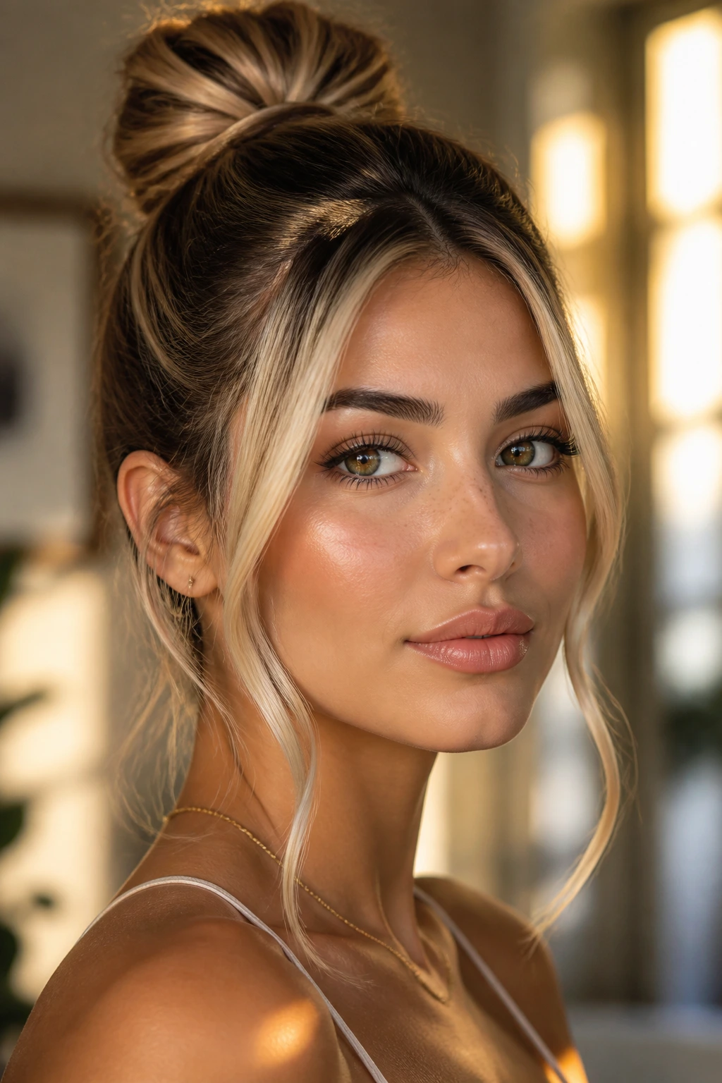 Portrait of a real woman with a glossy topknot and butter blonde face-framing strands