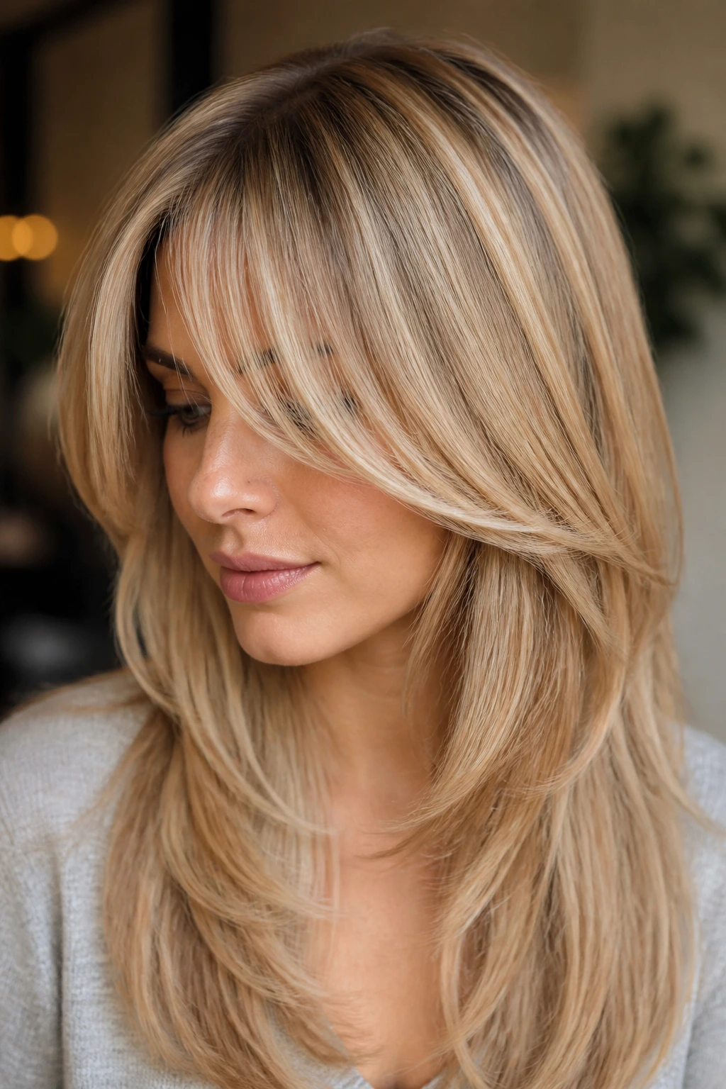 Close-up of a real woman with invisible internal layers under a butter blonde gloss