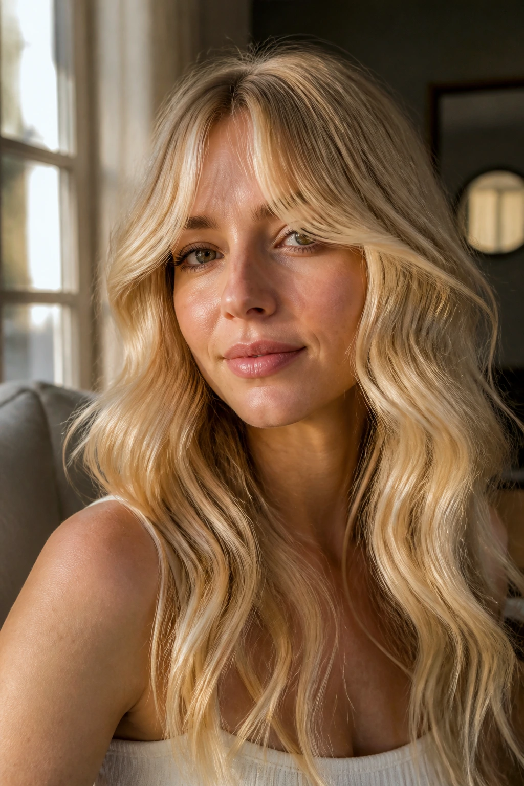 Portrait of a woman with curtain bangs and butter blonde waves.