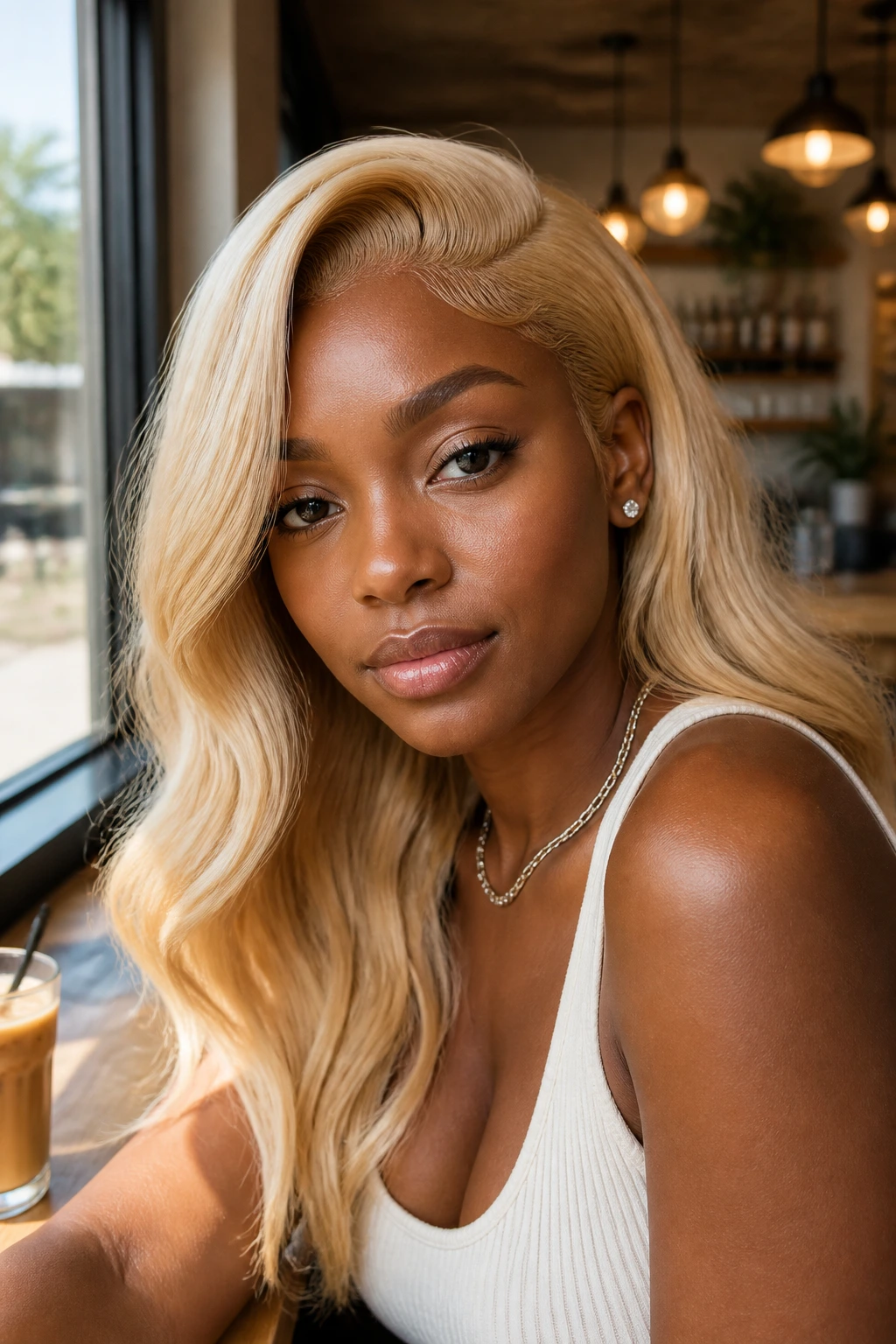 Close-up of a real woman wearing a butter blonde wig with a deep side part
