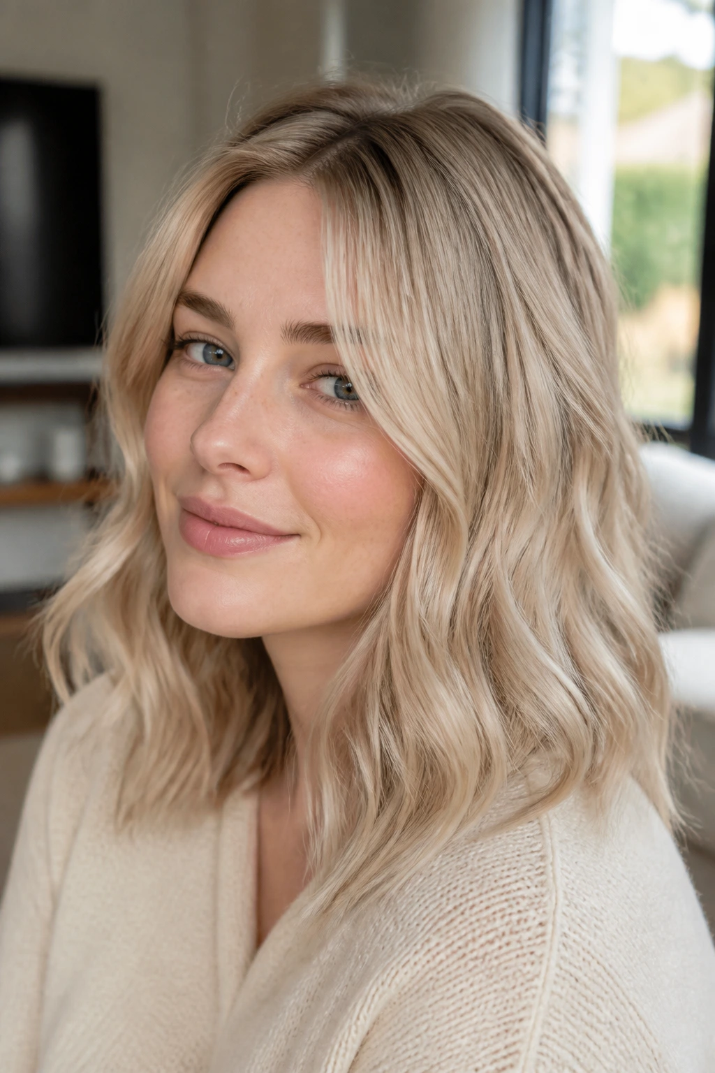 Close-up portrait of a woman with butter-glaze platinum hair and fair skin.
