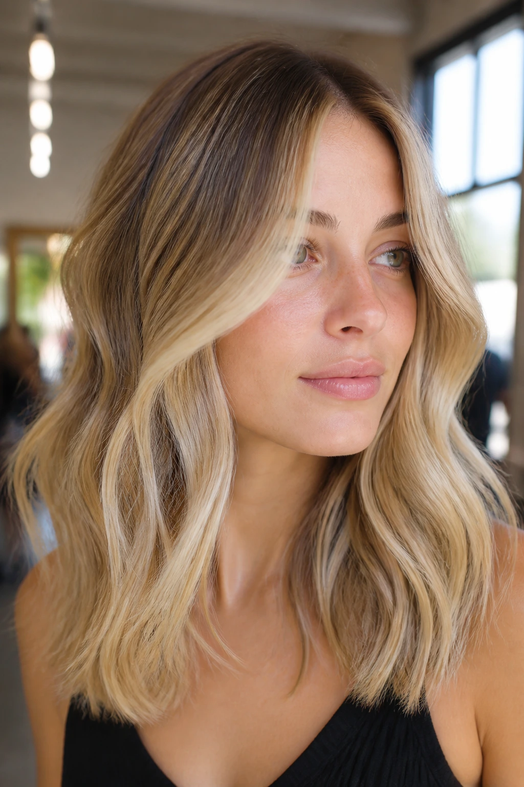 Close-up portrait of a real woman with buttercream balayage highlighting face-framing pieces.