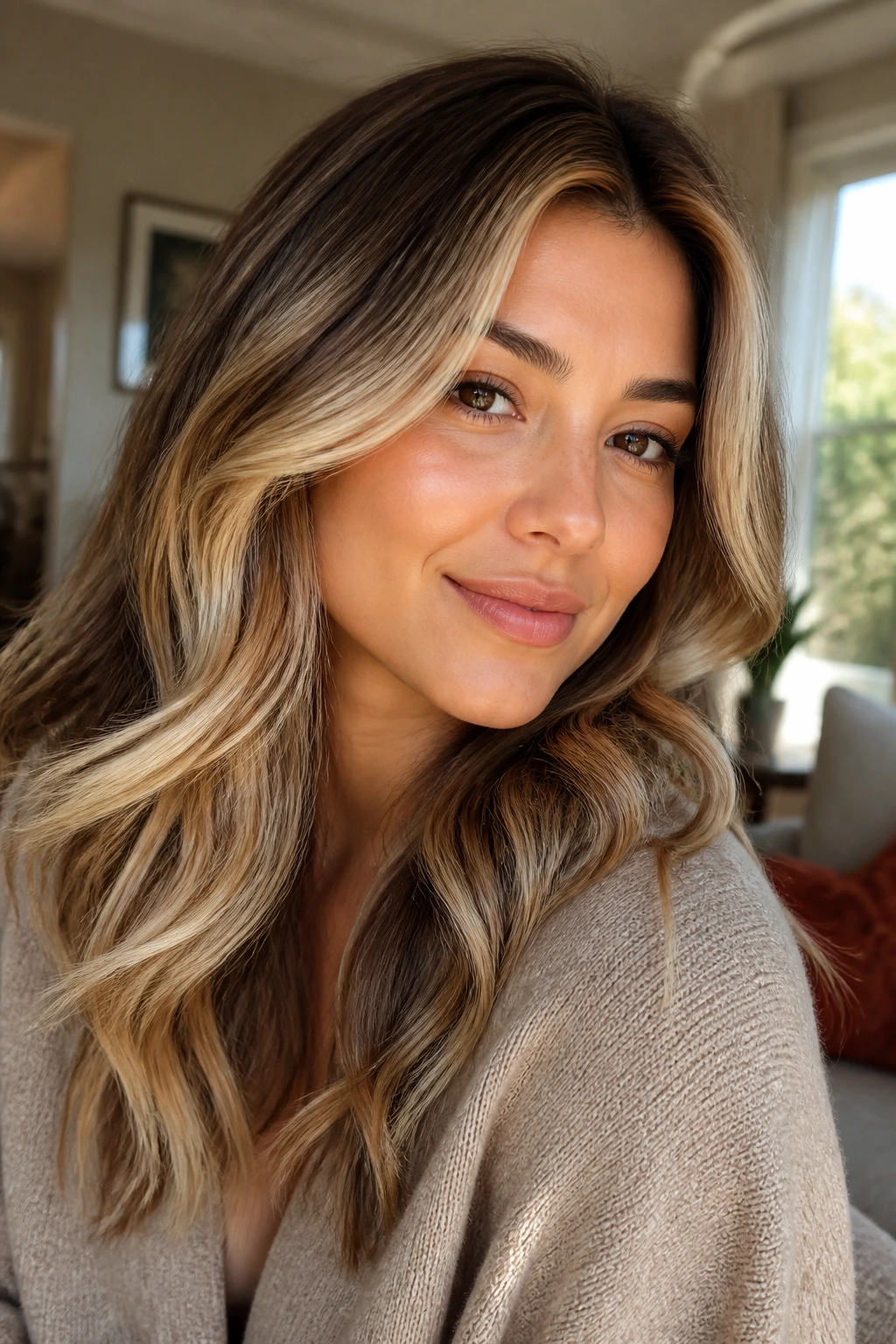 Portrait of a woman with buttercream balayage highlighting warm skin tones.