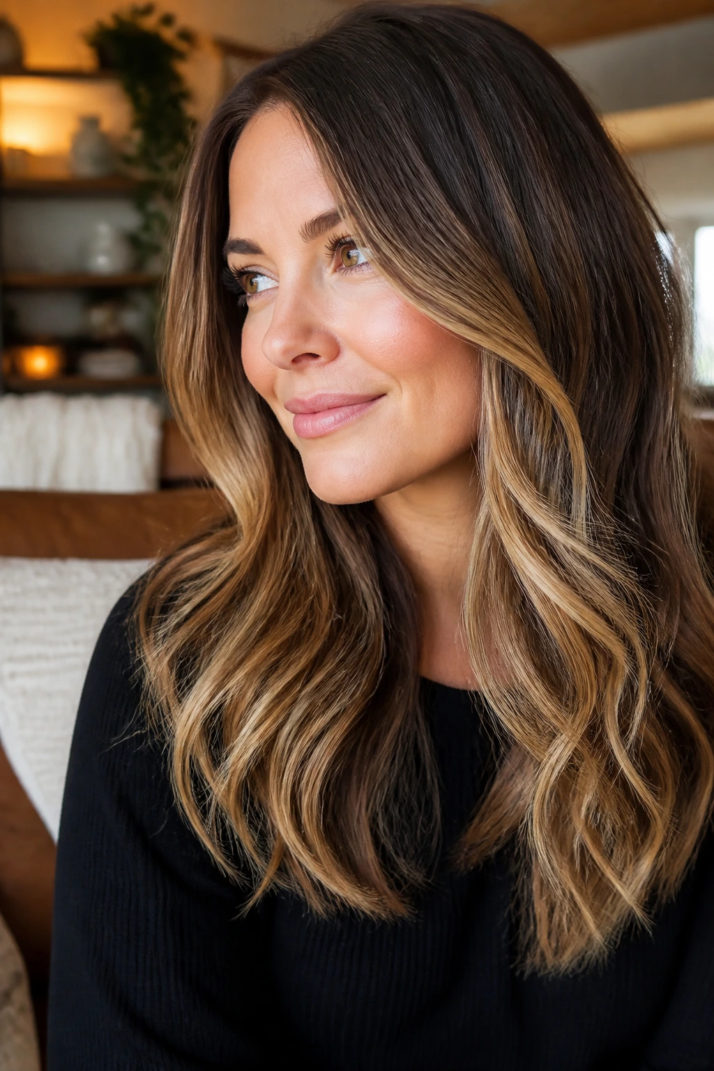 Brunette with buttercream blonde babylights blending into waves, close-up portrait.