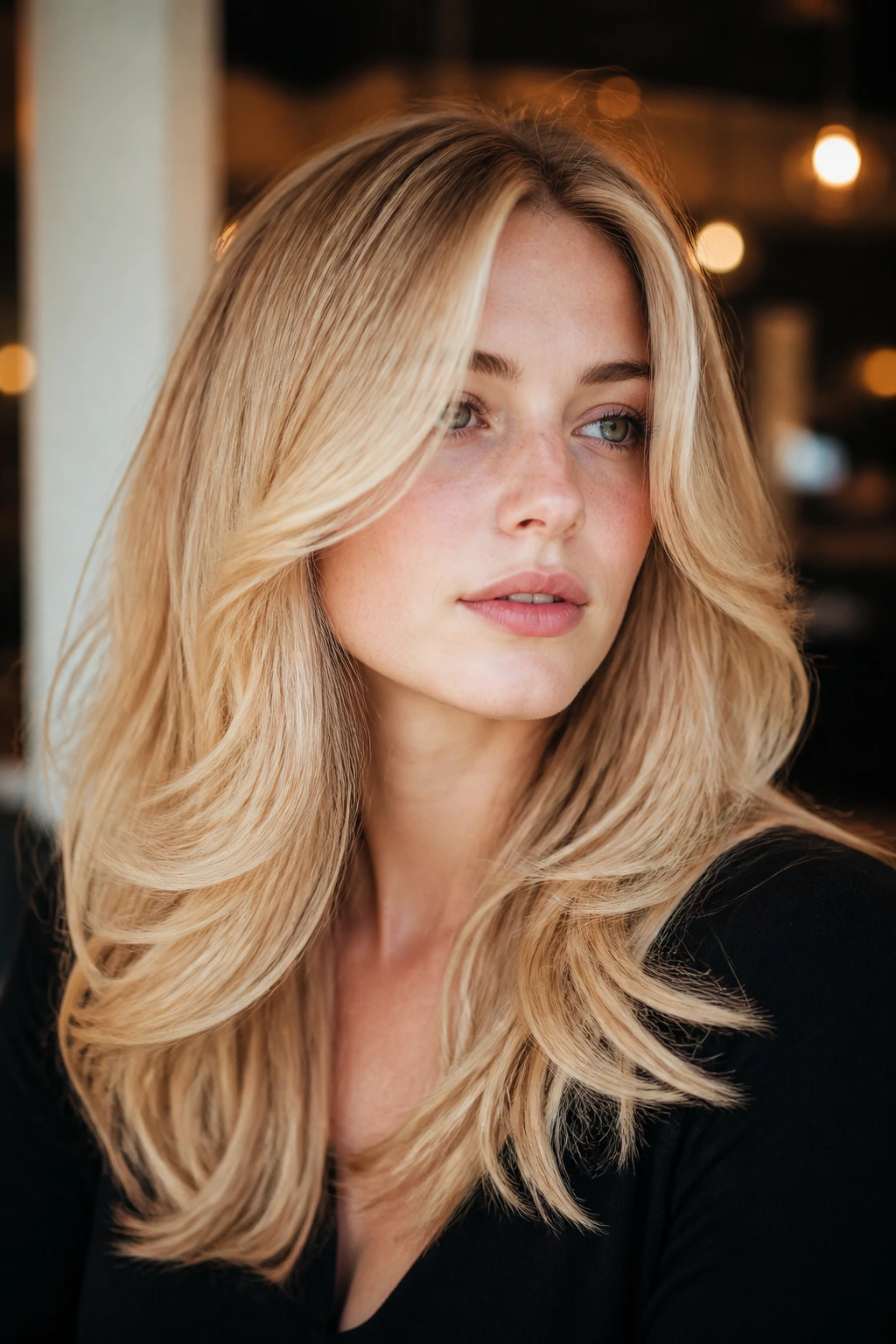 Portrait of a real woman showing buttercream blonde with curved layers