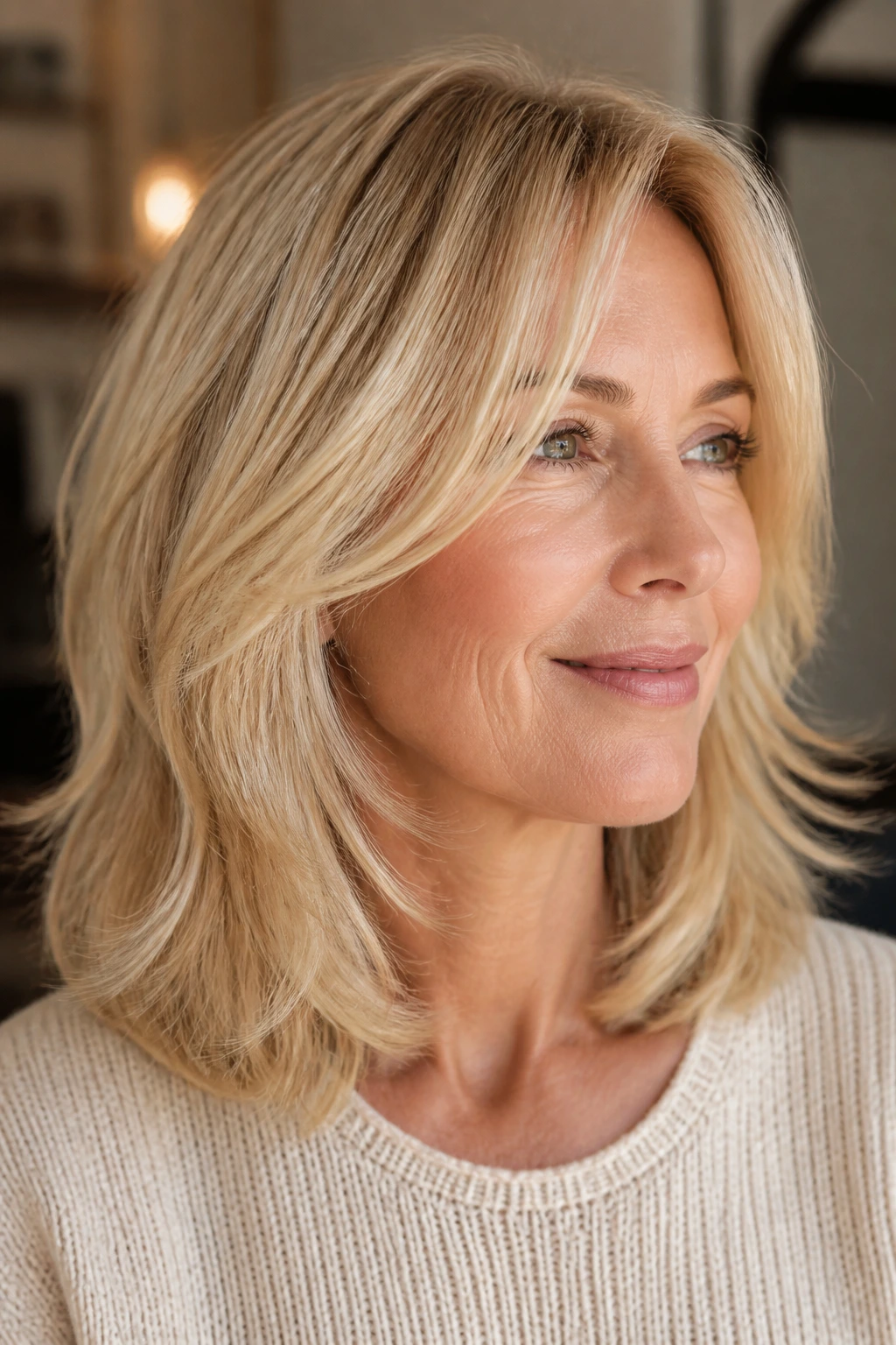 Close-up of a woman with buttercream blonde hair in soft lighting