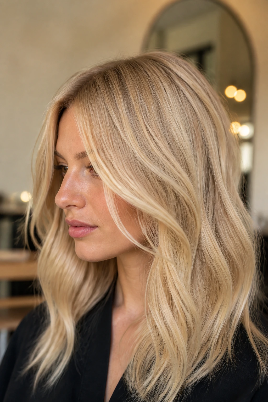 Buttercream blonde hair on a real woman with warm skin tone in a sunlit salon.