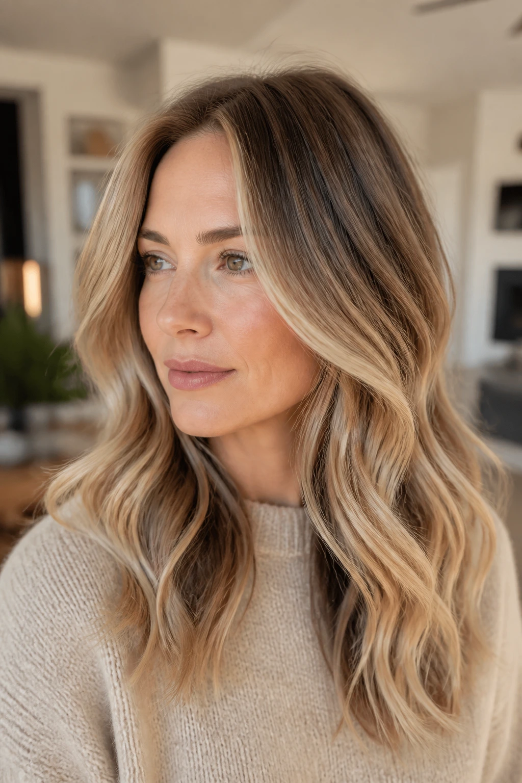 Close up portrait of a real woman with buttercream blonde over neutral brown around the lower face