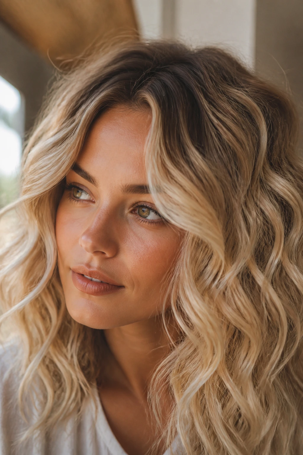 Close-up of buttercream blonde hair with root shadow on a real person.