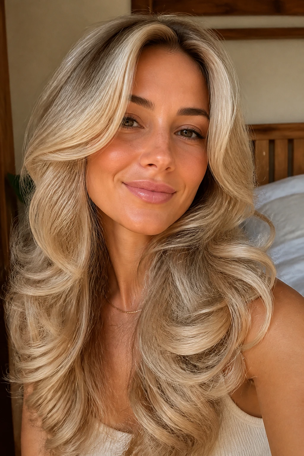 Close-up of a real woman with buttercream blonde blowout waves in warm bedroom light