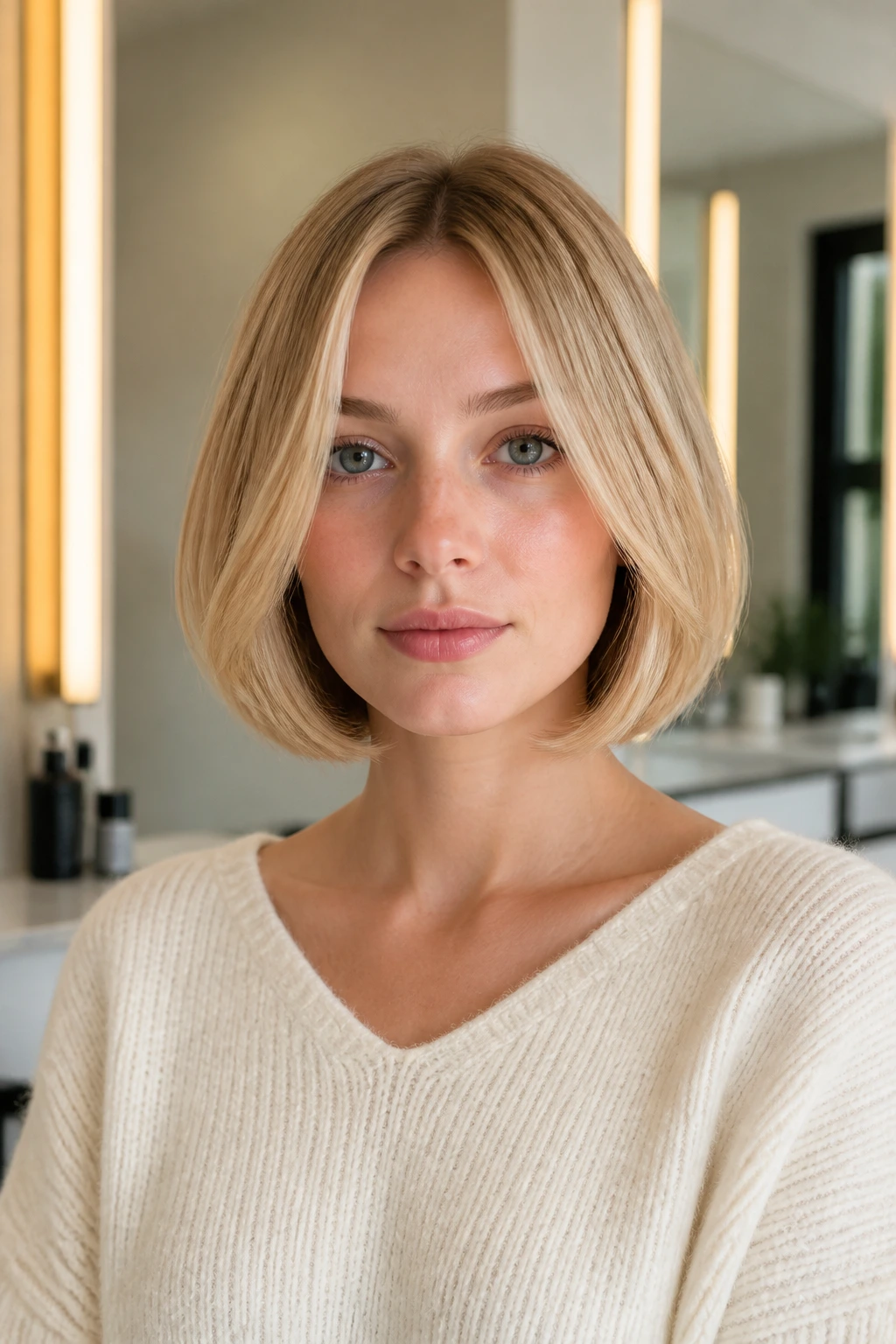 Close-up of a buttercream bob with tucked-under ends on a real person