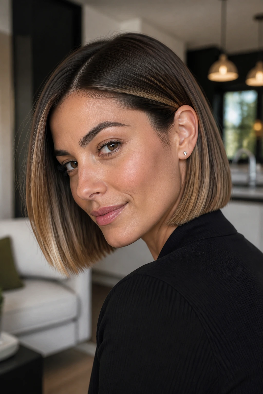 Close-up portrait of brunette with buttercream bob lights and creamy highlights