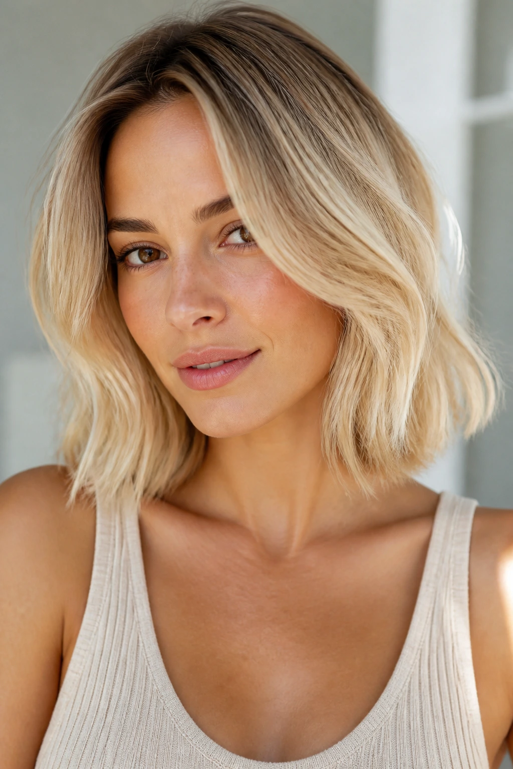 Close-up portrait of a real woman with a collarbone-length buttercream blonde lob and warm beige-gold tones