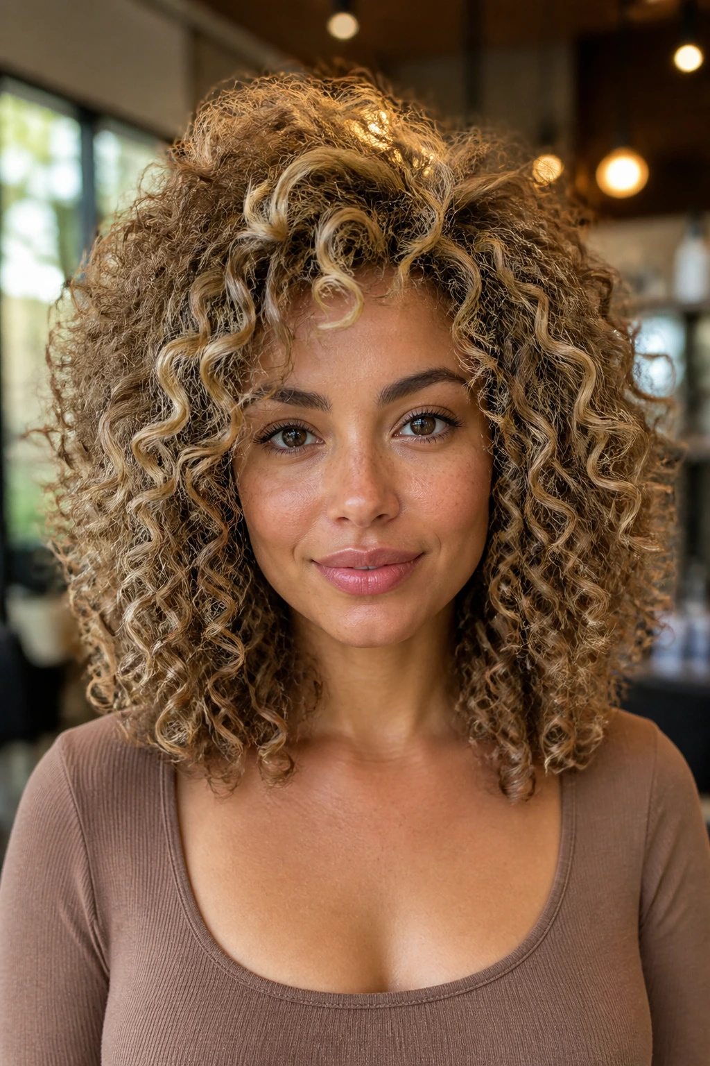 Close-up of a real person with buttercream crown lights on high-volume curls.