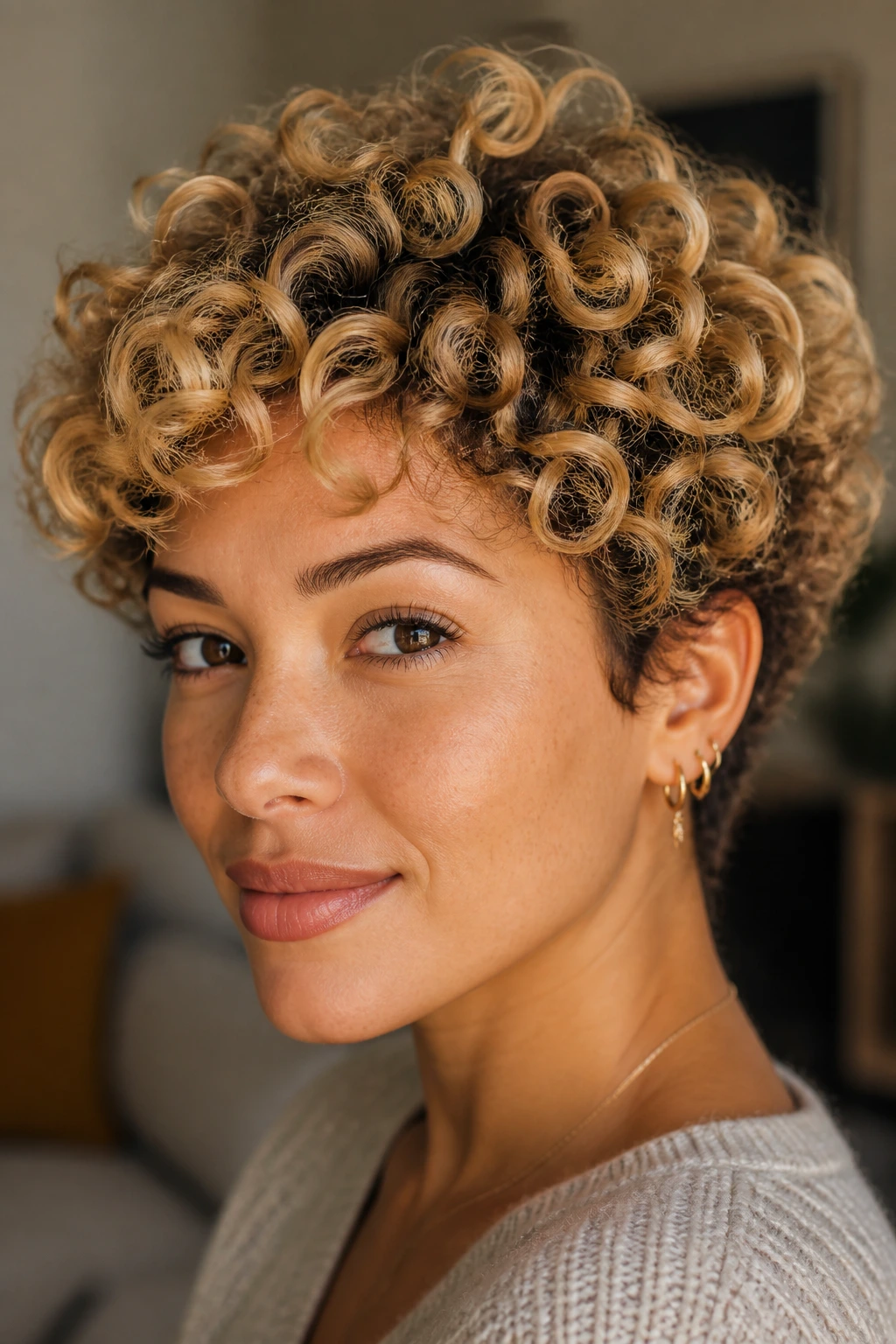 Curly crop with buttercream balayage on a real person, crown highlights