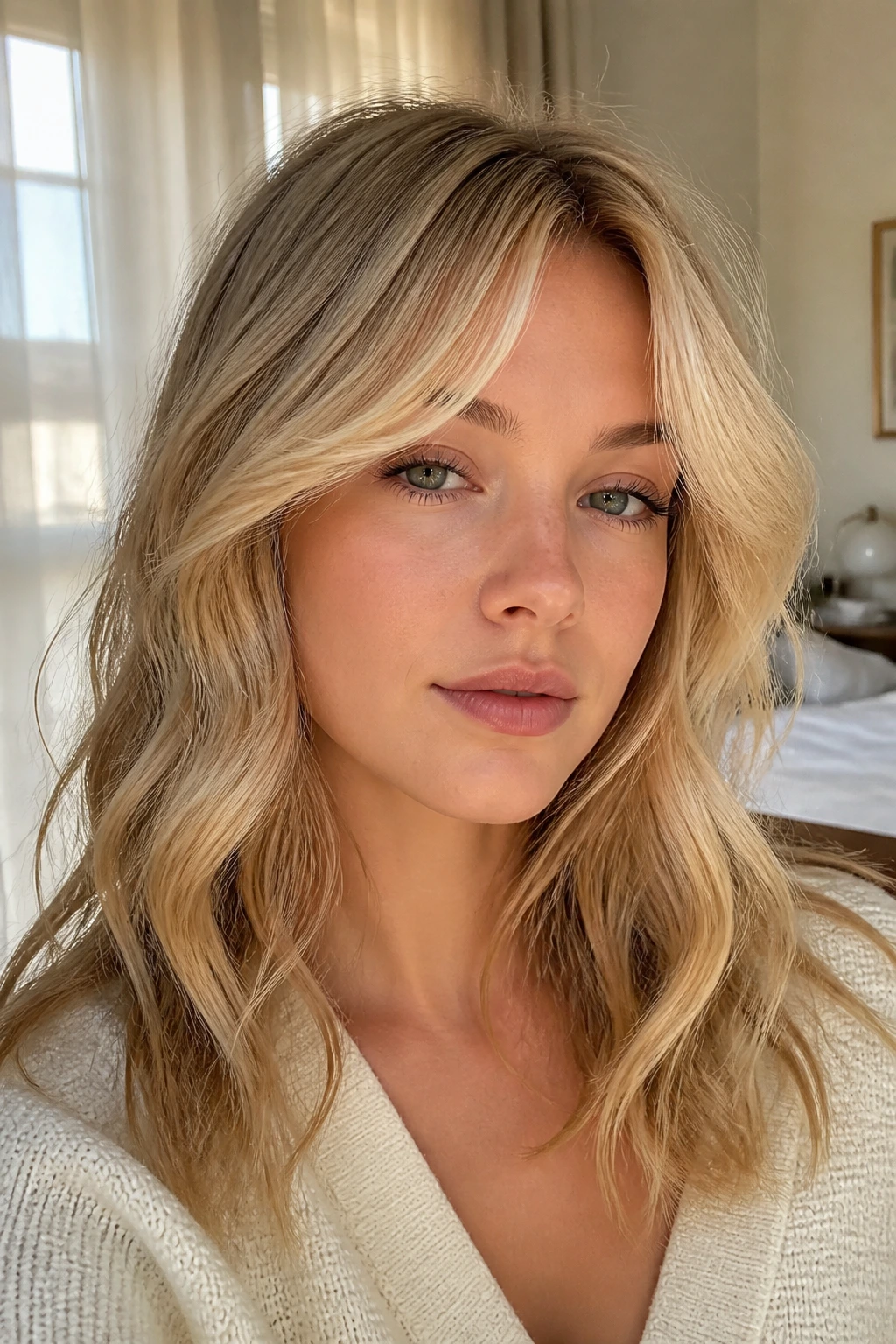 Close-up of a woman with bright beige-blonde curtain bangs