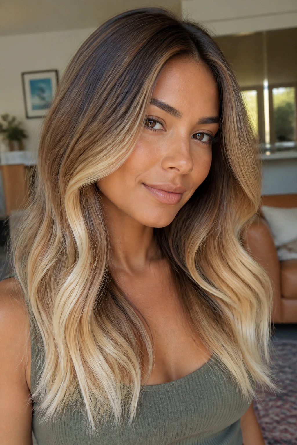 Close-up portrait of a real woman with warm brown base and buttercream ends in hair