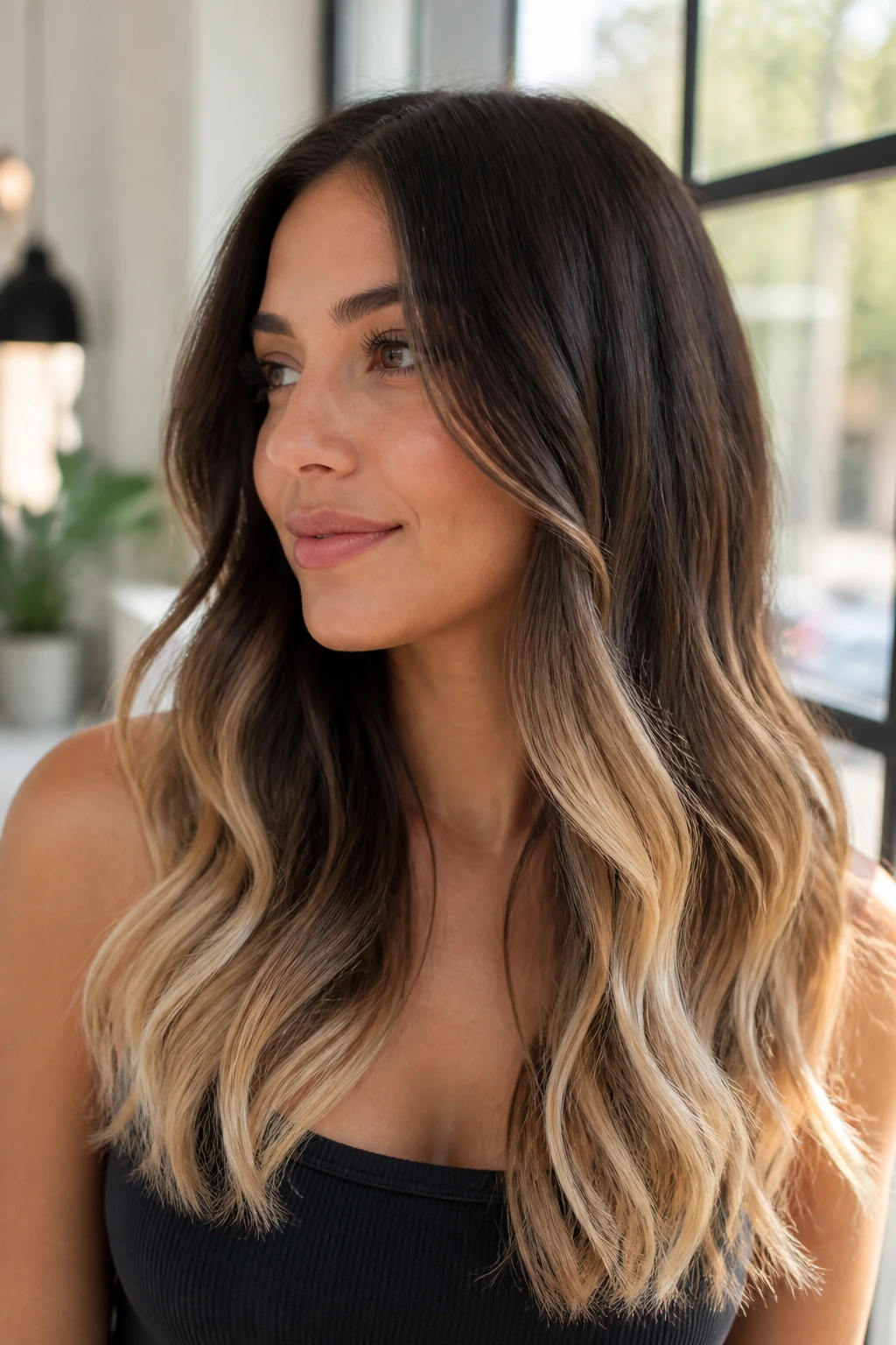 Close-up of brunette-to-blonde buttercream ends on a real woman's hair with creamy tips