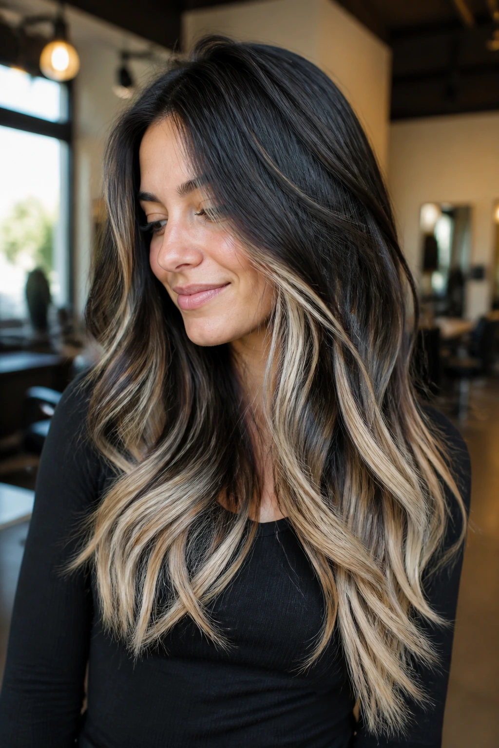 Real woman with buttercream chunky ends on long thick hair.