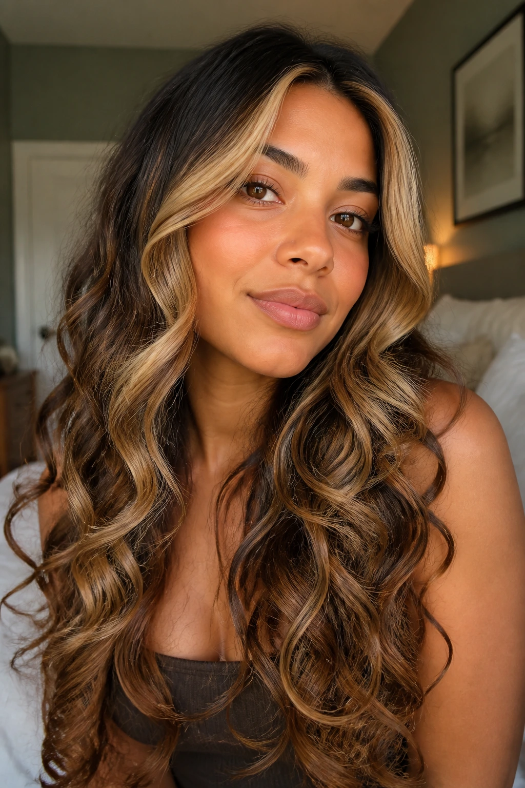 Real woman with buttercream face frame on long curls in cozy bedroom light