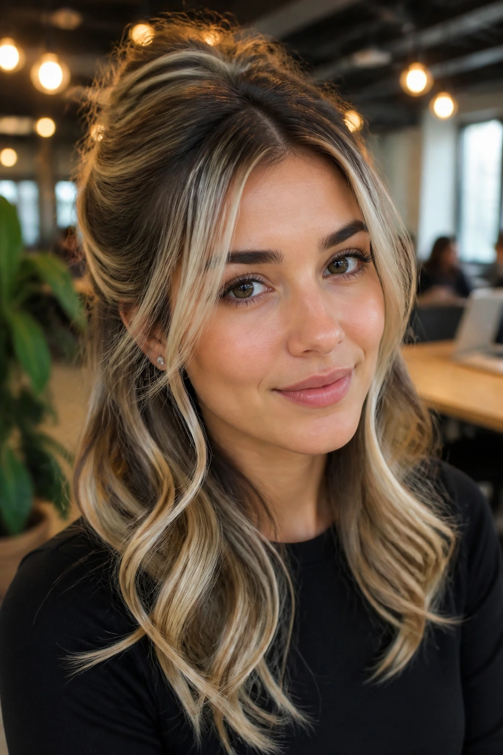 Real woman with buttercream half-up twist in a coworking space