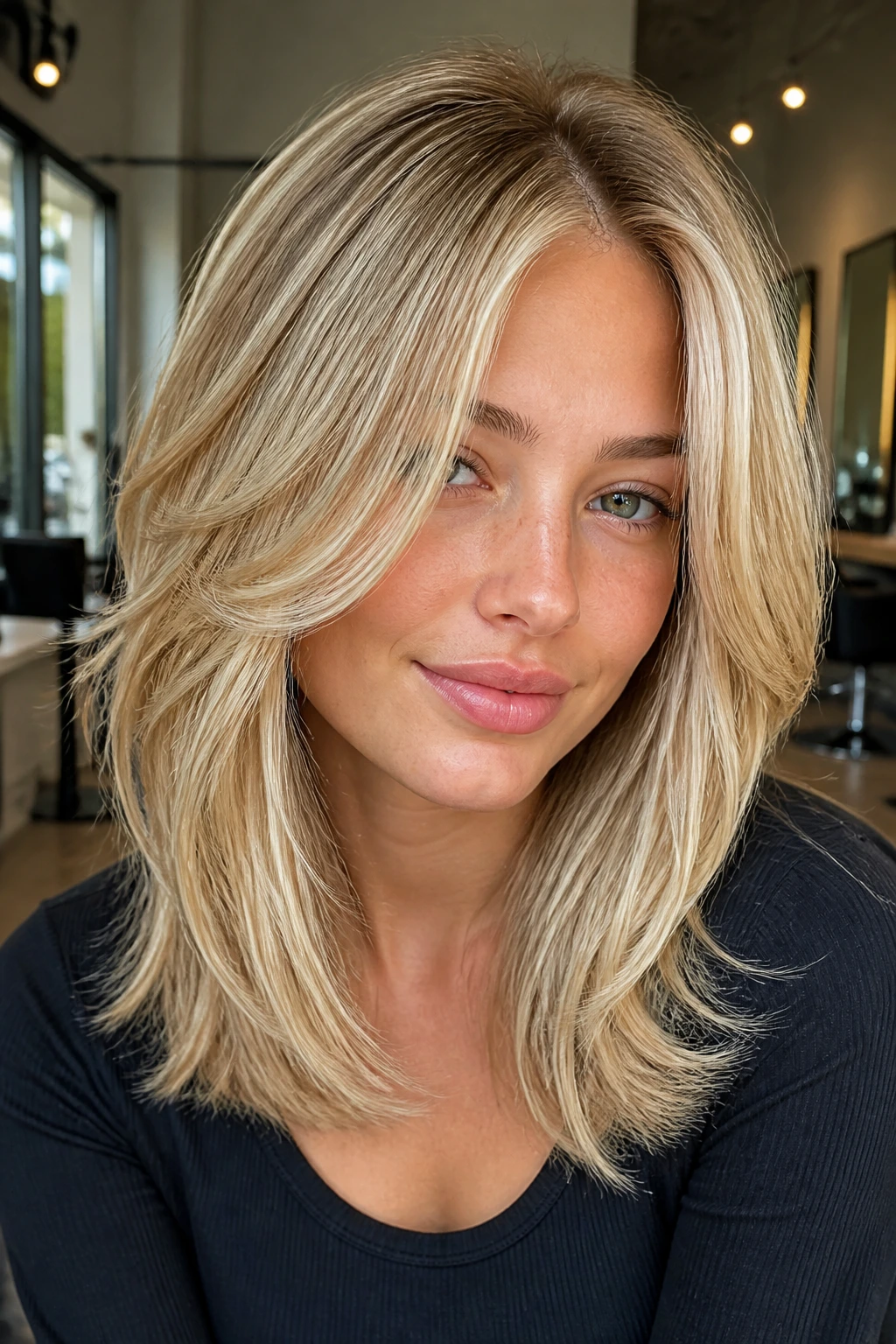 Portrait of a woman with butterfly layer hairstyle catching light
