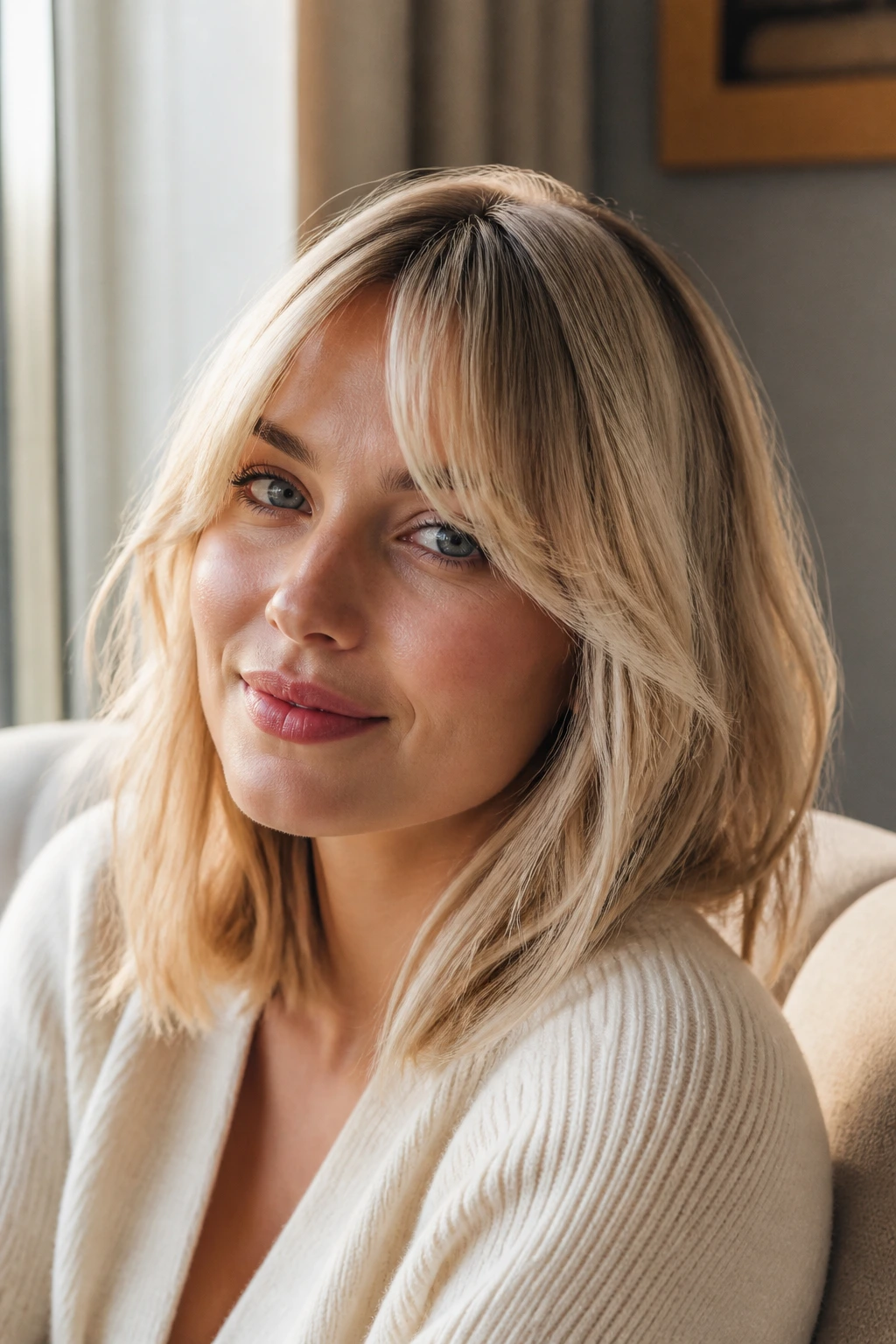 Close-up of a woman with a buttercream lob and airy curtain bangs in warm natural light