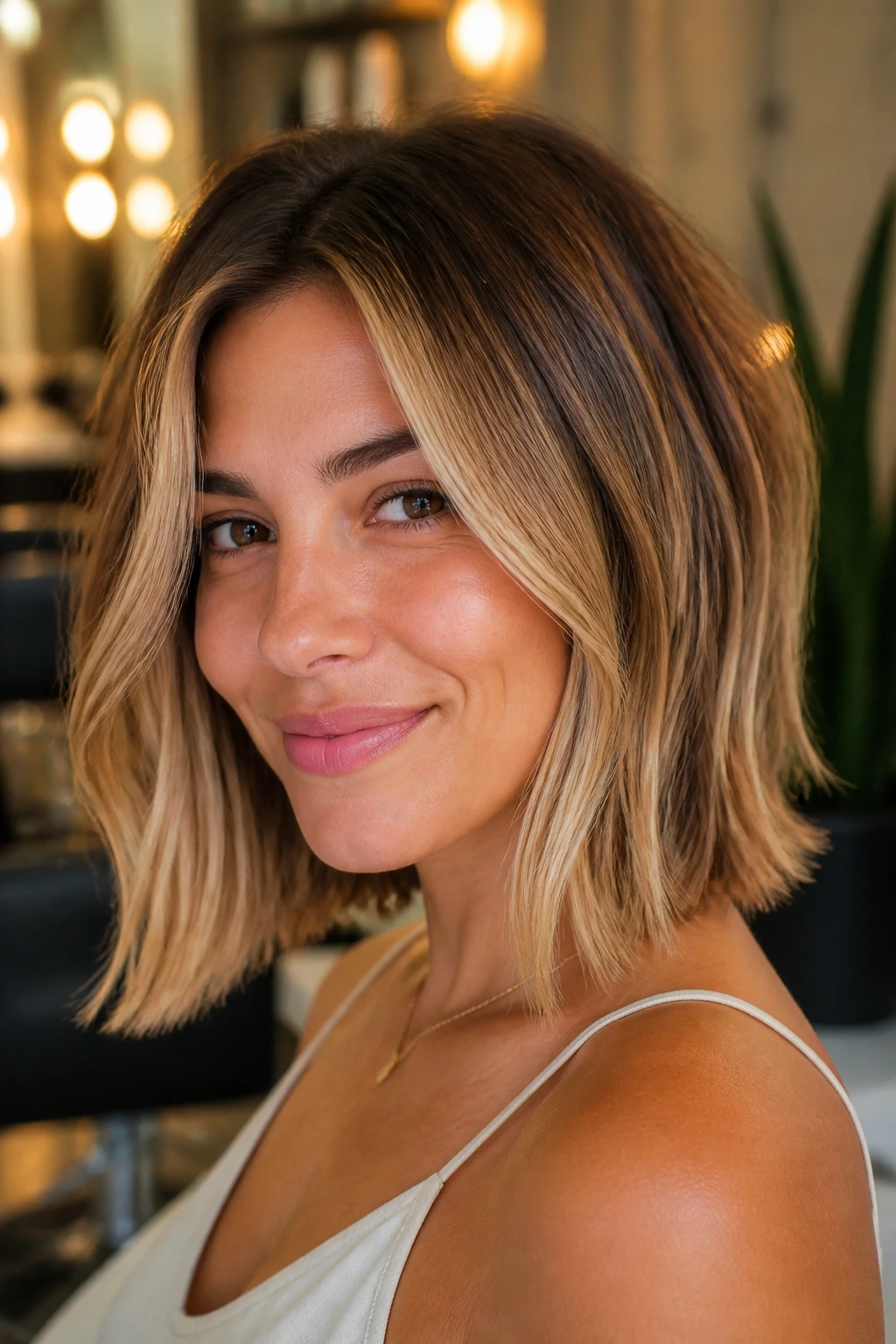 Close-up hair with buttercream lob lights framing a bob