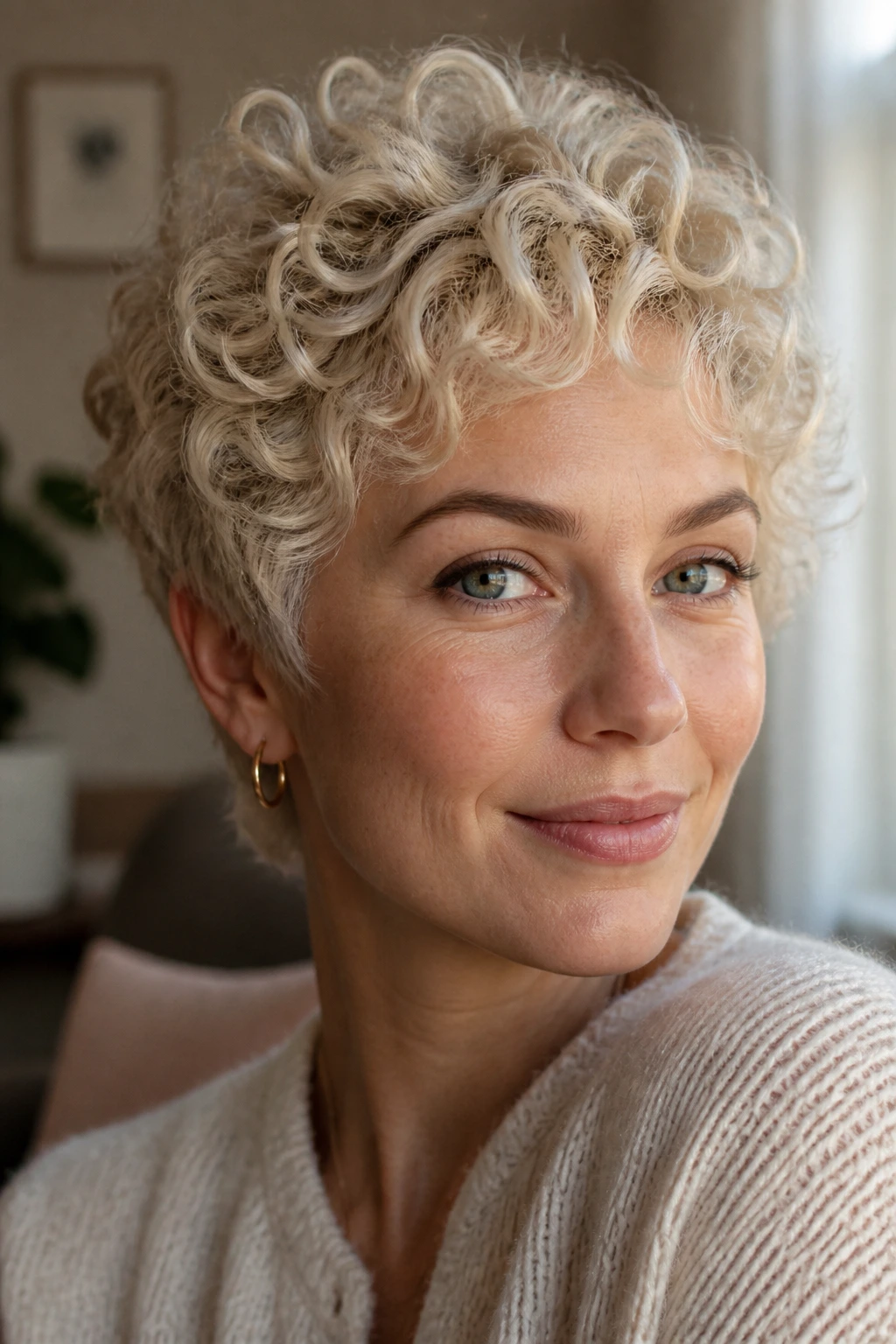 Close-up of a real woman with buttercream platinum curly crop.