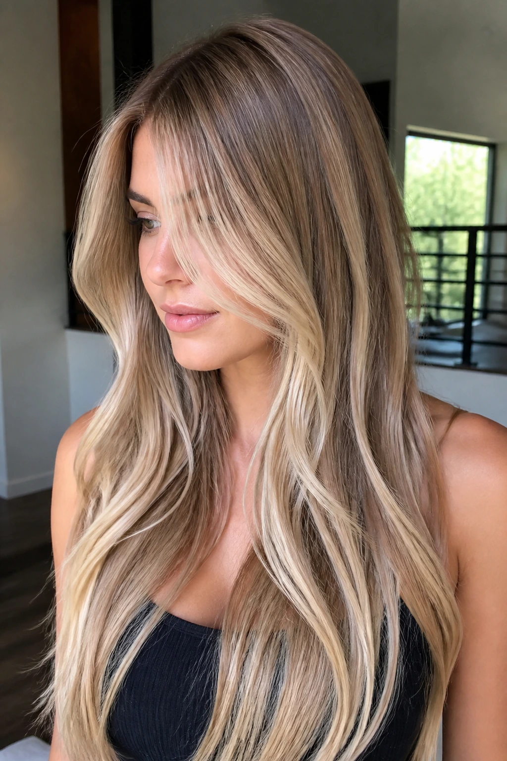 Close-up of real woman with buttercream ribbon highlights along length in natural window light.