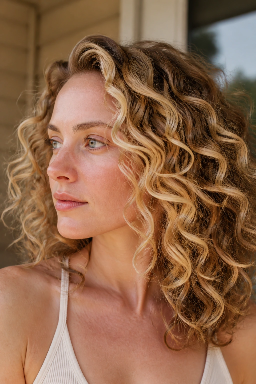 Close-up portrait of a real woman with cream ribbons through curls
