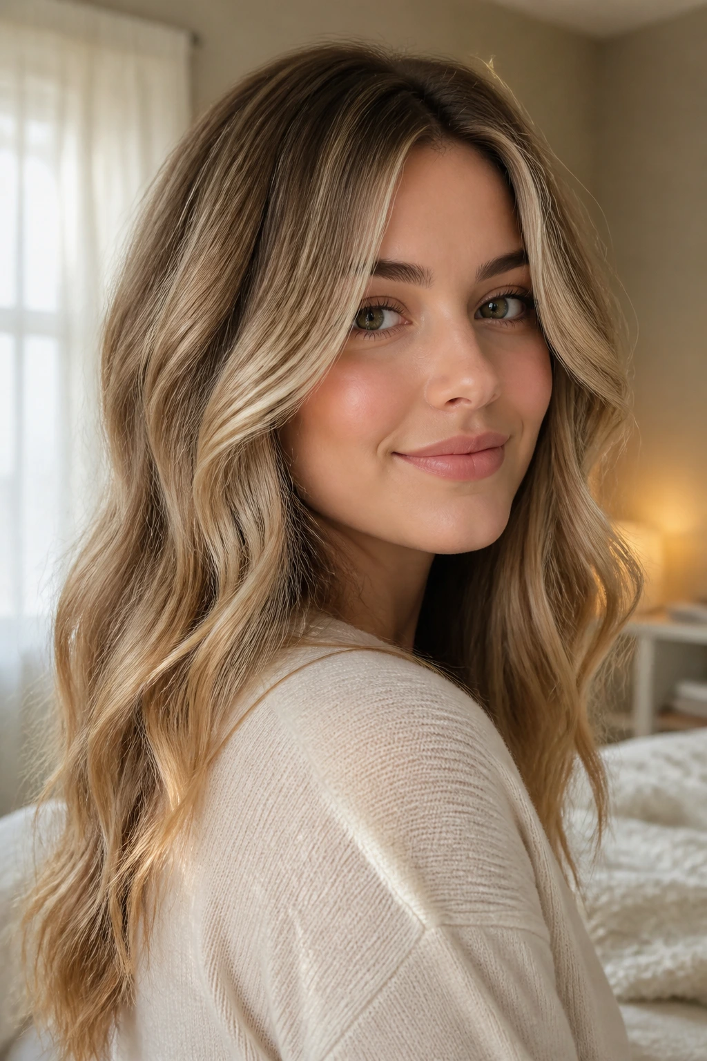 Close-up portrait of a real woman with buttercream light shading hair on pale skin