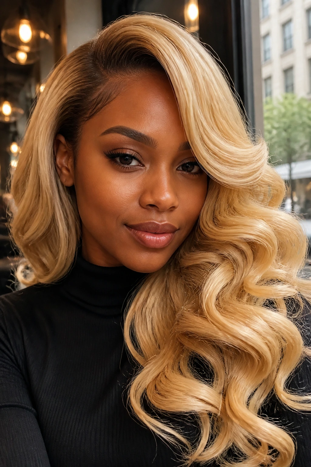 Close-up of buttercream side-sweep curls on a real woman by a cafe window