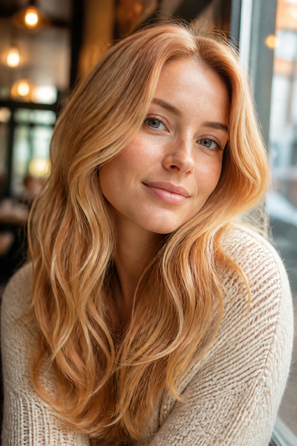 Close-up portrait of a real woman with buttercream strawberry blonde hair