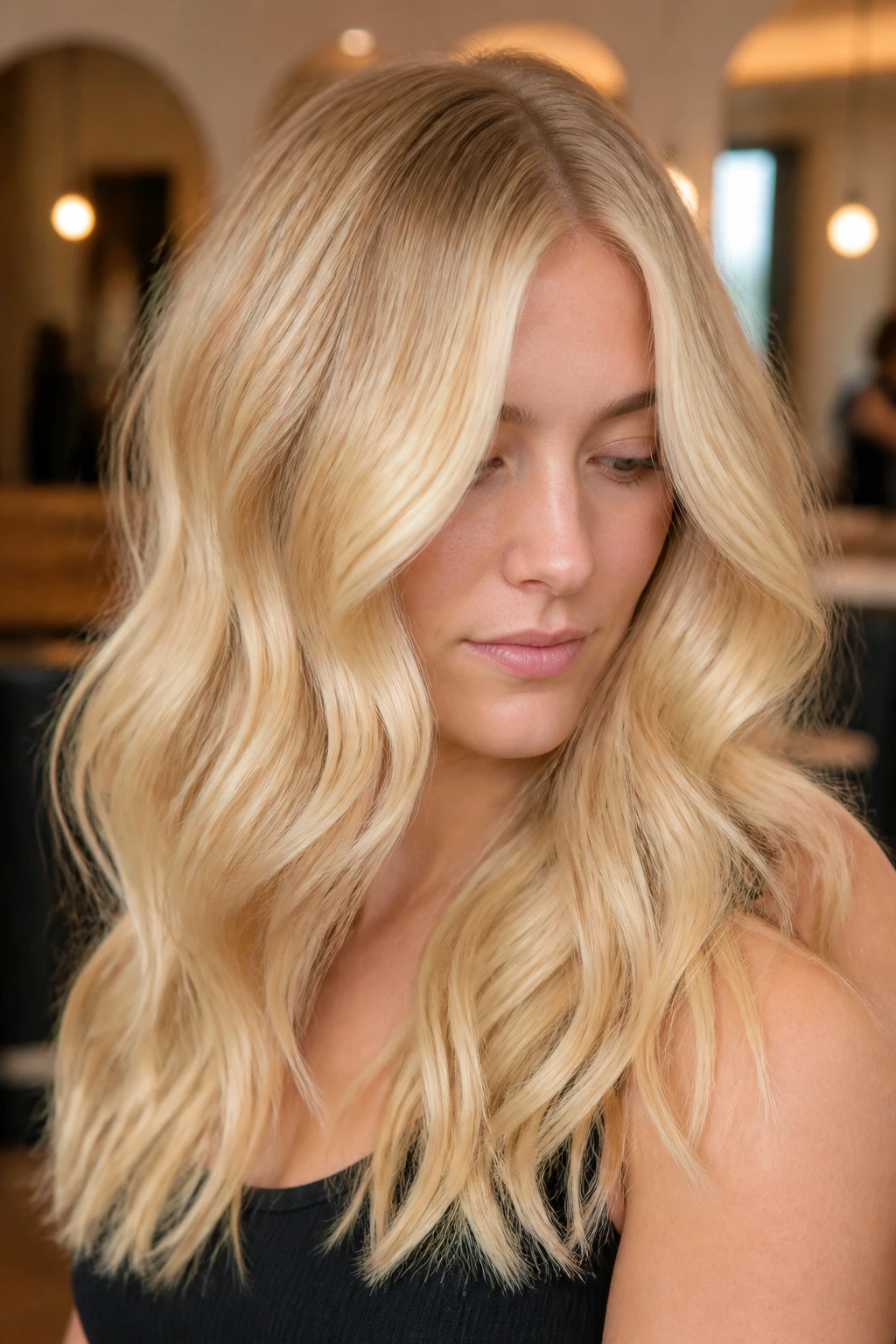 Real person with buttercream yellow blonde hair and soft root shadow under warm light