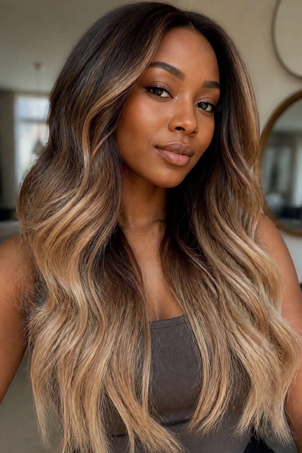 Close-up of a real woman with Buttered Biscuit Ombré from brown roots to biscuit beige ends