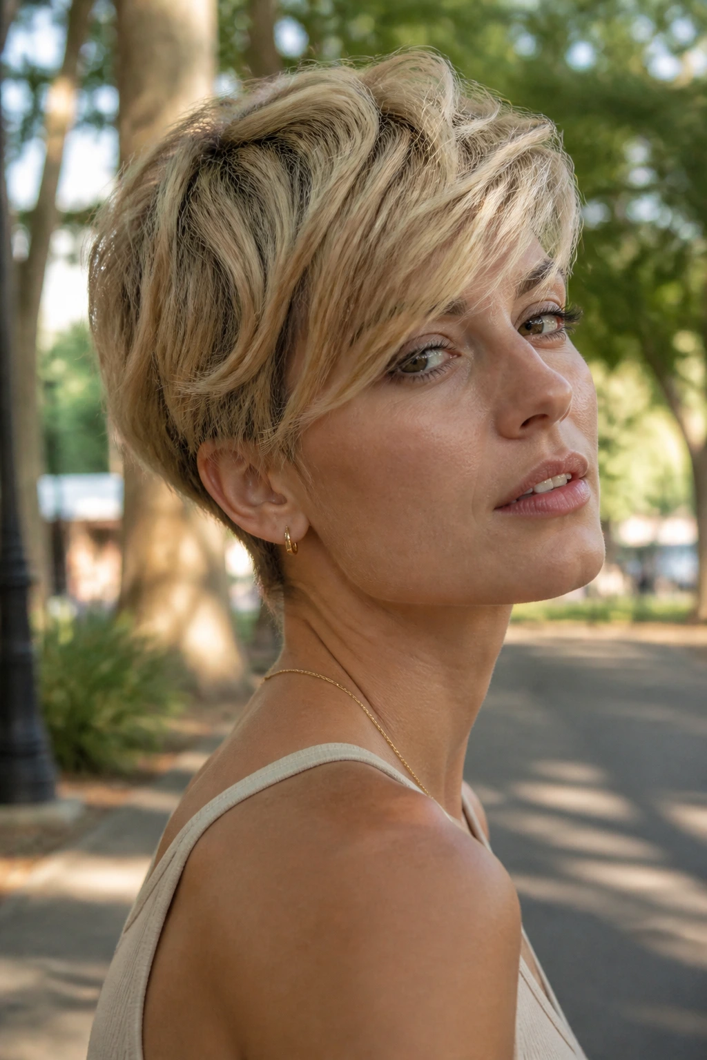 Close-up of a real woman with a buttered bixie haircut in warm blonde tones