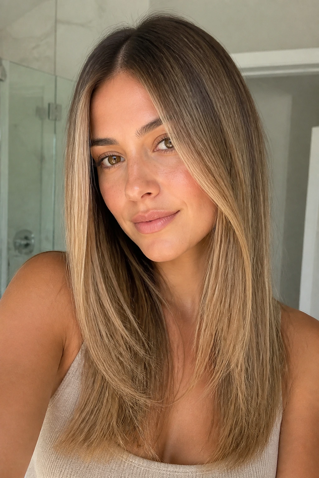 Close-up of real woman with buttered bronde straight layers on olive skin in bright bathroom