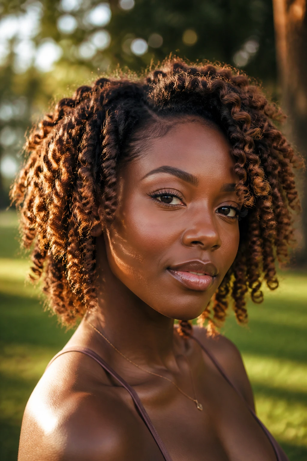 Close-up portrait of a person with a buttered bronze twist-out showing bronze highlights and defined texture