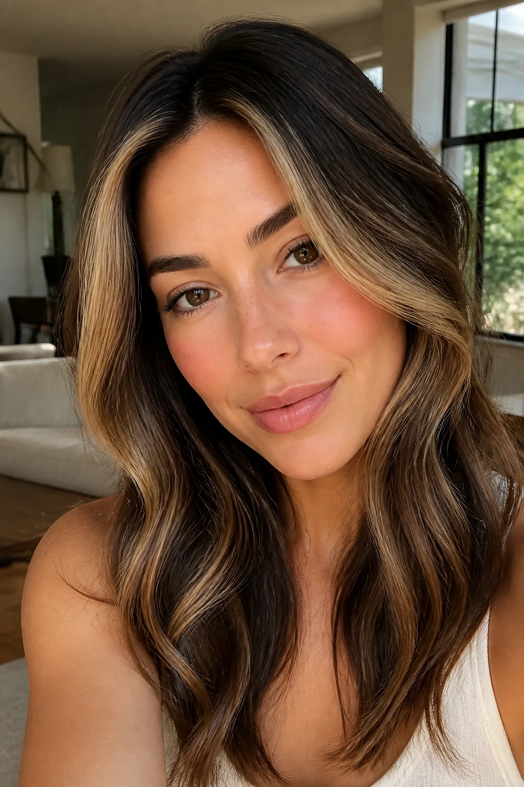 Close-up portrait of a real person showing a buttered brunette face frame with soft highlights at the hairline
