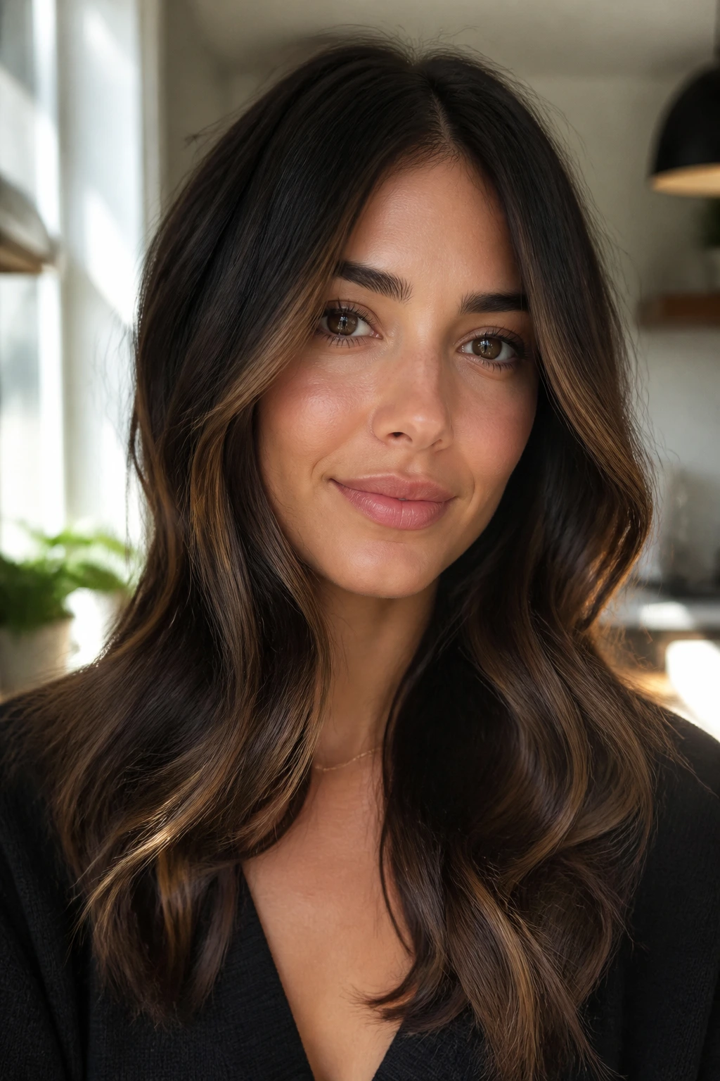 Close-up portrait of a real woman with espresso brown hair and buttery face-framing warmth.